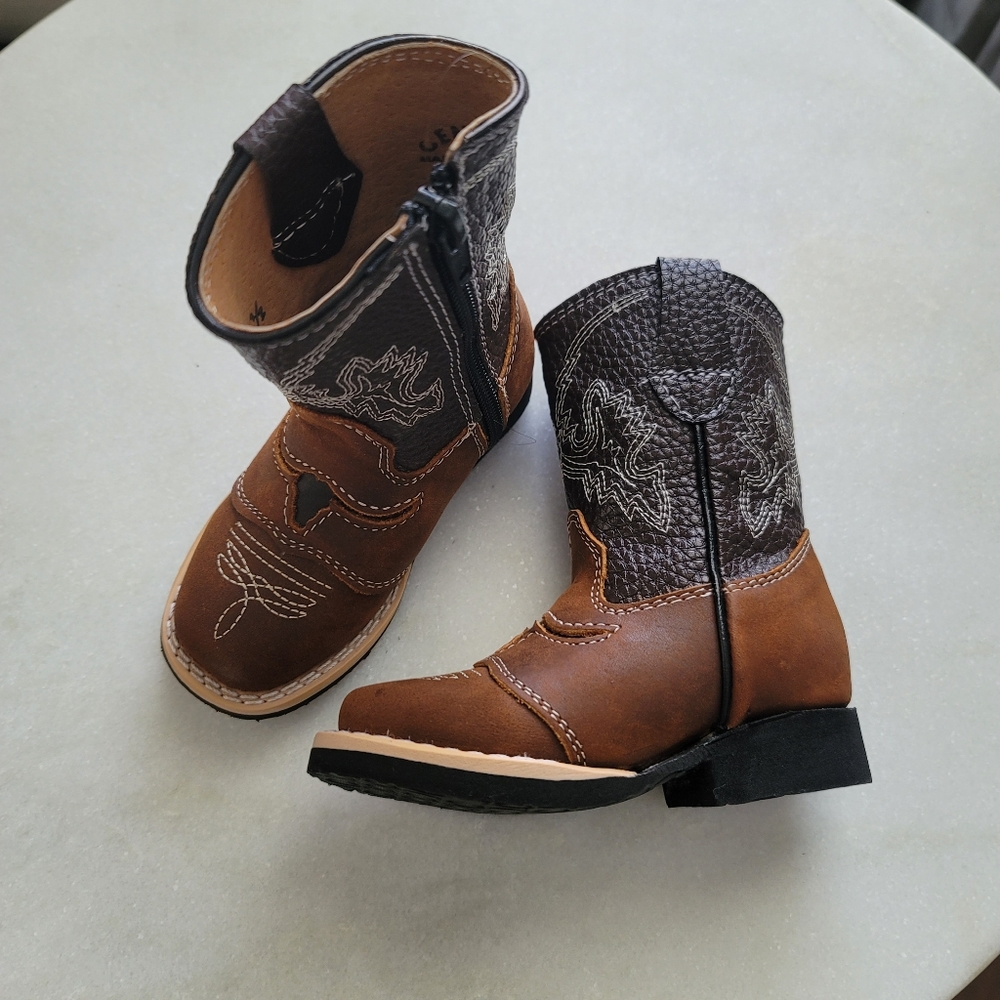 Baby Toddler Boy Leather Cowboy Western Boots with Side Zipper Sz 4.5